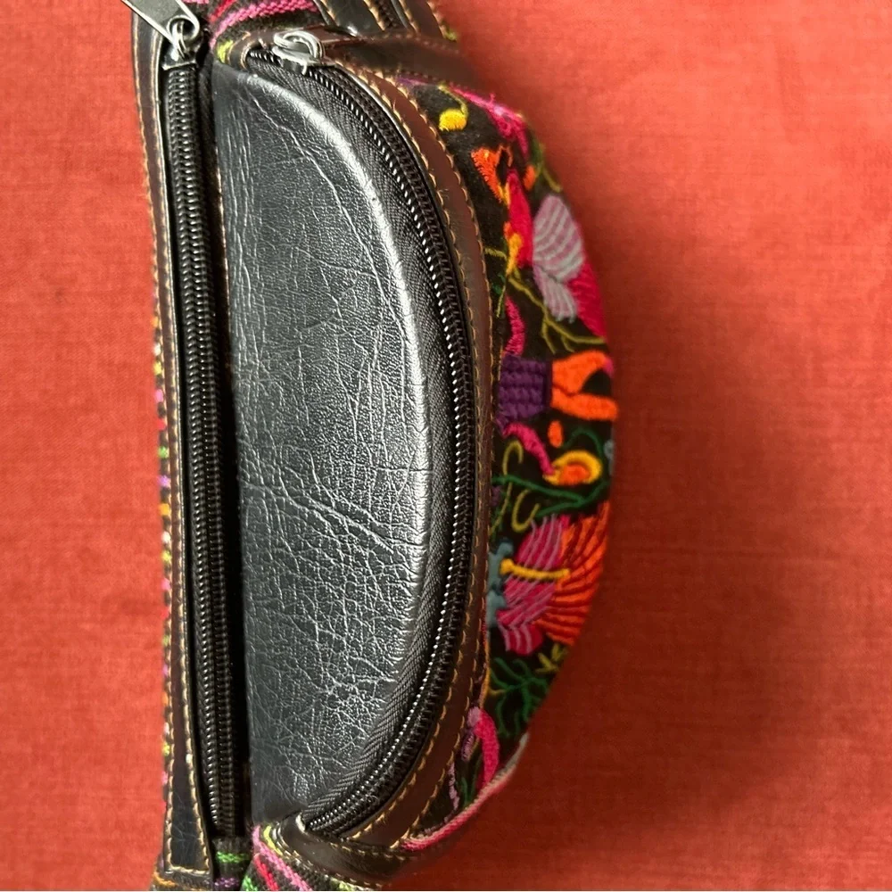 Red and Pink Embroidered Crossbody Bag with Folk Art Design